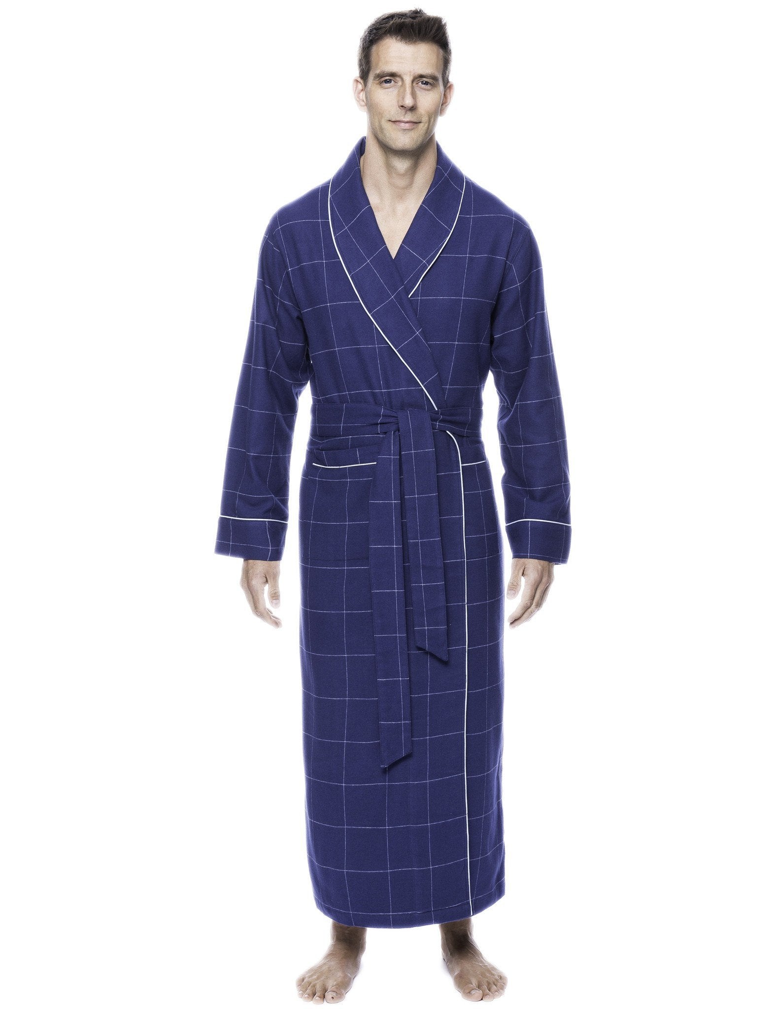 Men's Premium 100% Cotton Flannel Long Robe - Windowpane Checks Dark Blue